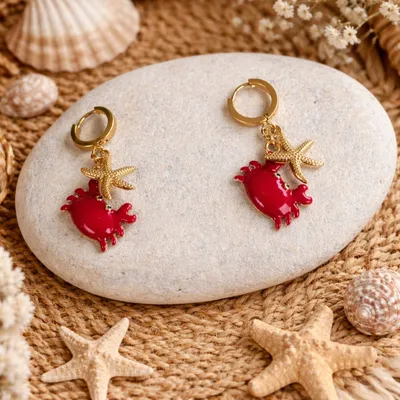 Boucles d’oreilles crabe rouge et étoile de mer